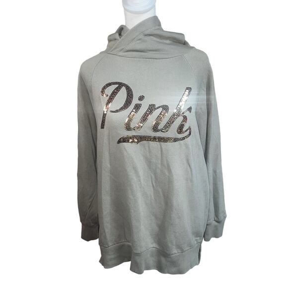 Victoria's Secret PINK Hoodie Olive Green With Rose Gold Sequin Logo, Size Small - Picture 1 of 8